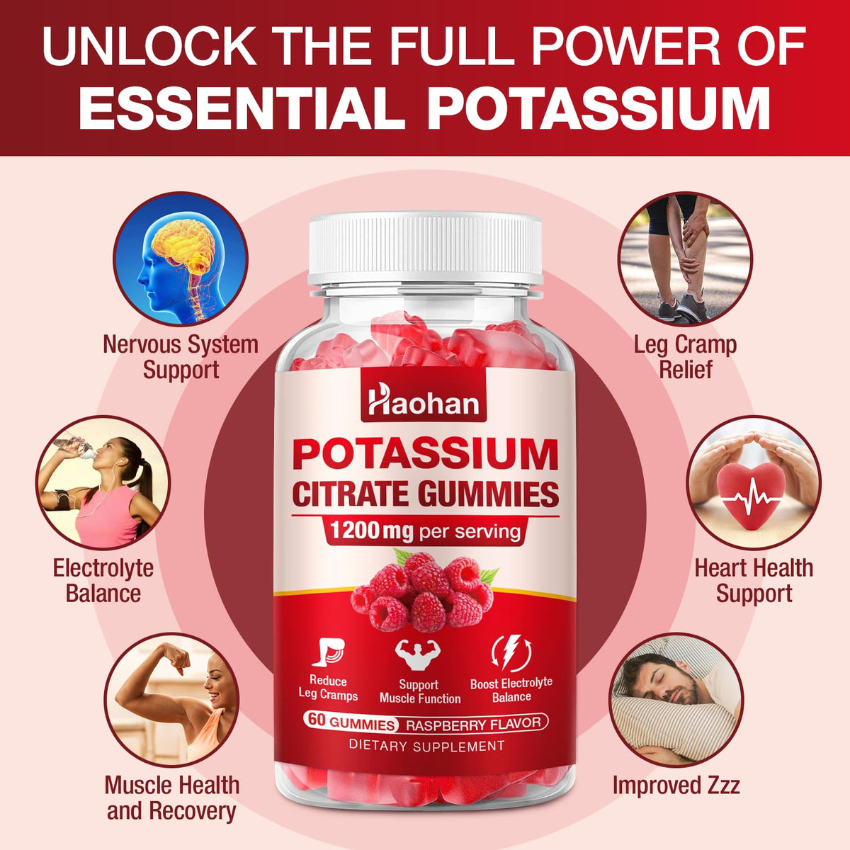 Gummies de citrate de potassium Haohan sur une table avec d'autres compléments