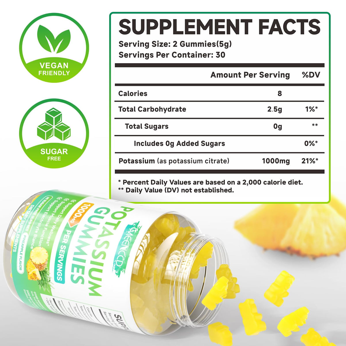 Gummies de Citrate de Potassium MEENCCD 1000mg saveur ananas sur un fond blanc