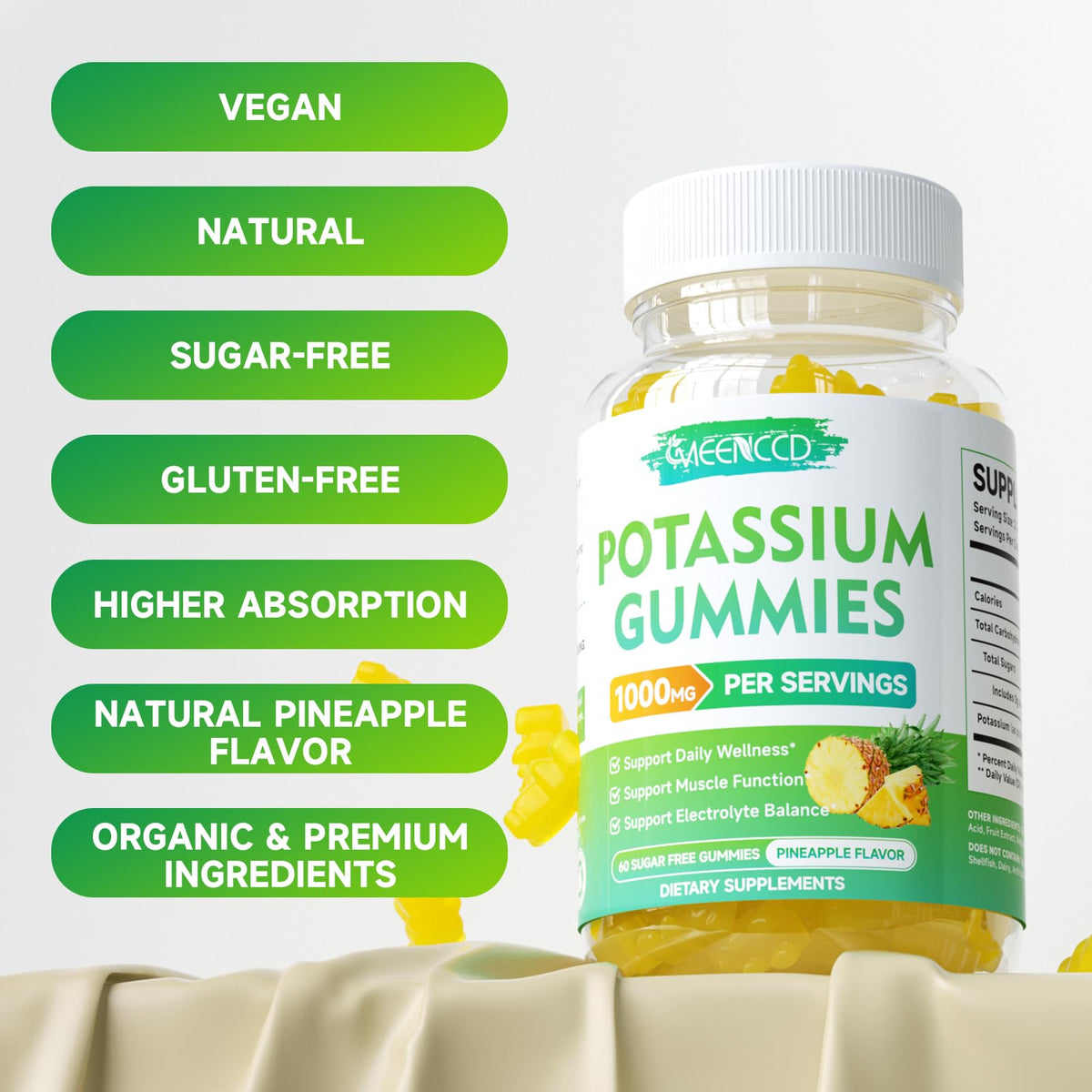 Gummies de Citrate de Potassium MEENCCD sur un plan de travail