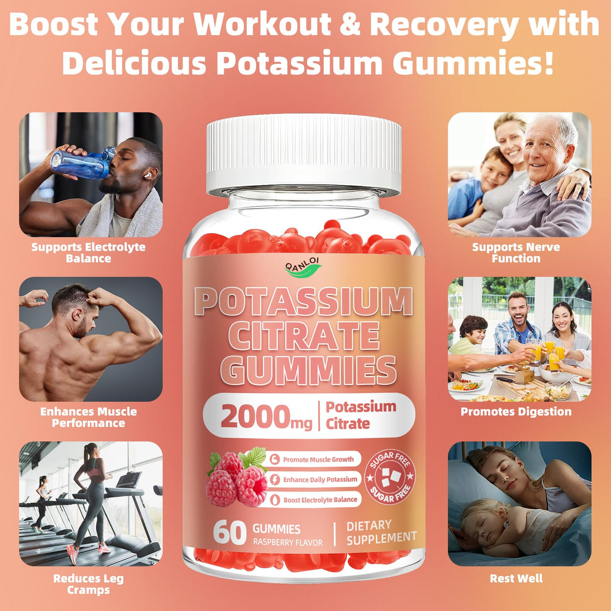 Gummies de citrate de potassium QANLOI, gummies sur une table