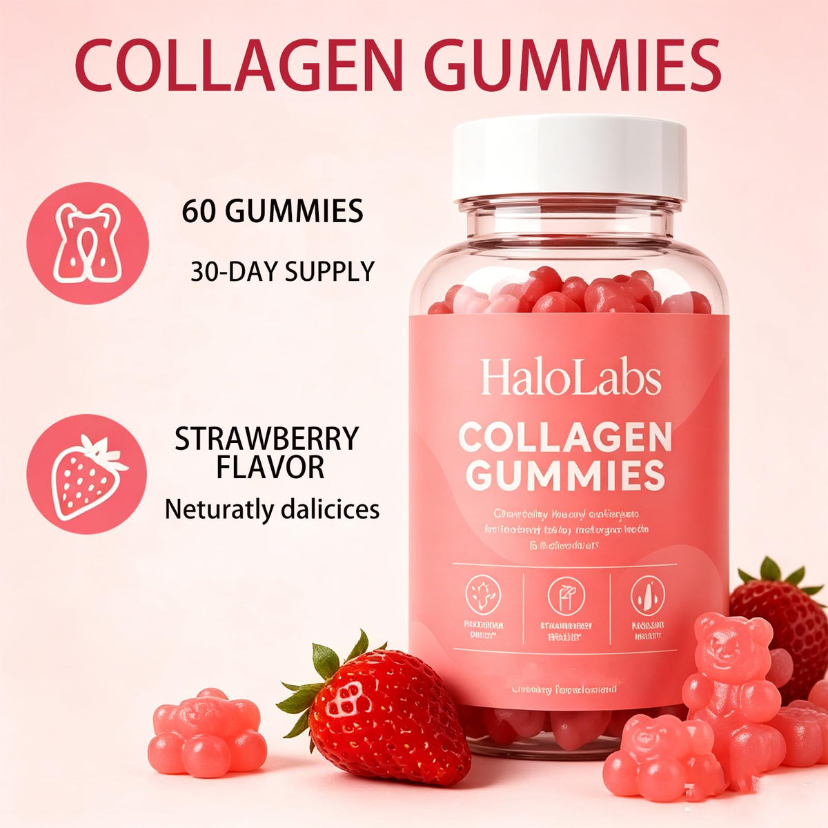 Gummies de collagène Halo Labs fraise avec une cuillère