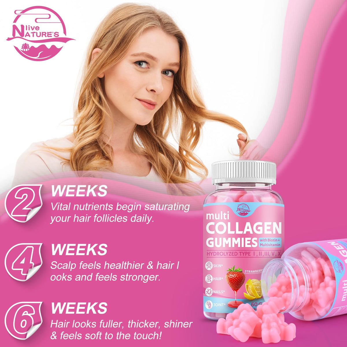 Gummies de Collagène Nature's live avec des fruits en arrière-plan