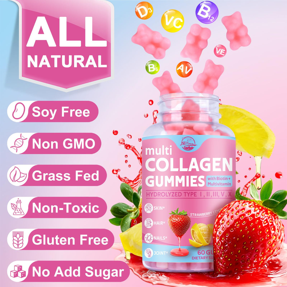 Gummies de Collagène Nature's live et ingrédients sur une surface en bois