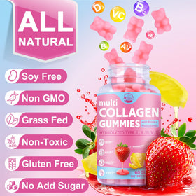 Gummies de Collagène Nature's live et ingrédients sur une surface en bois