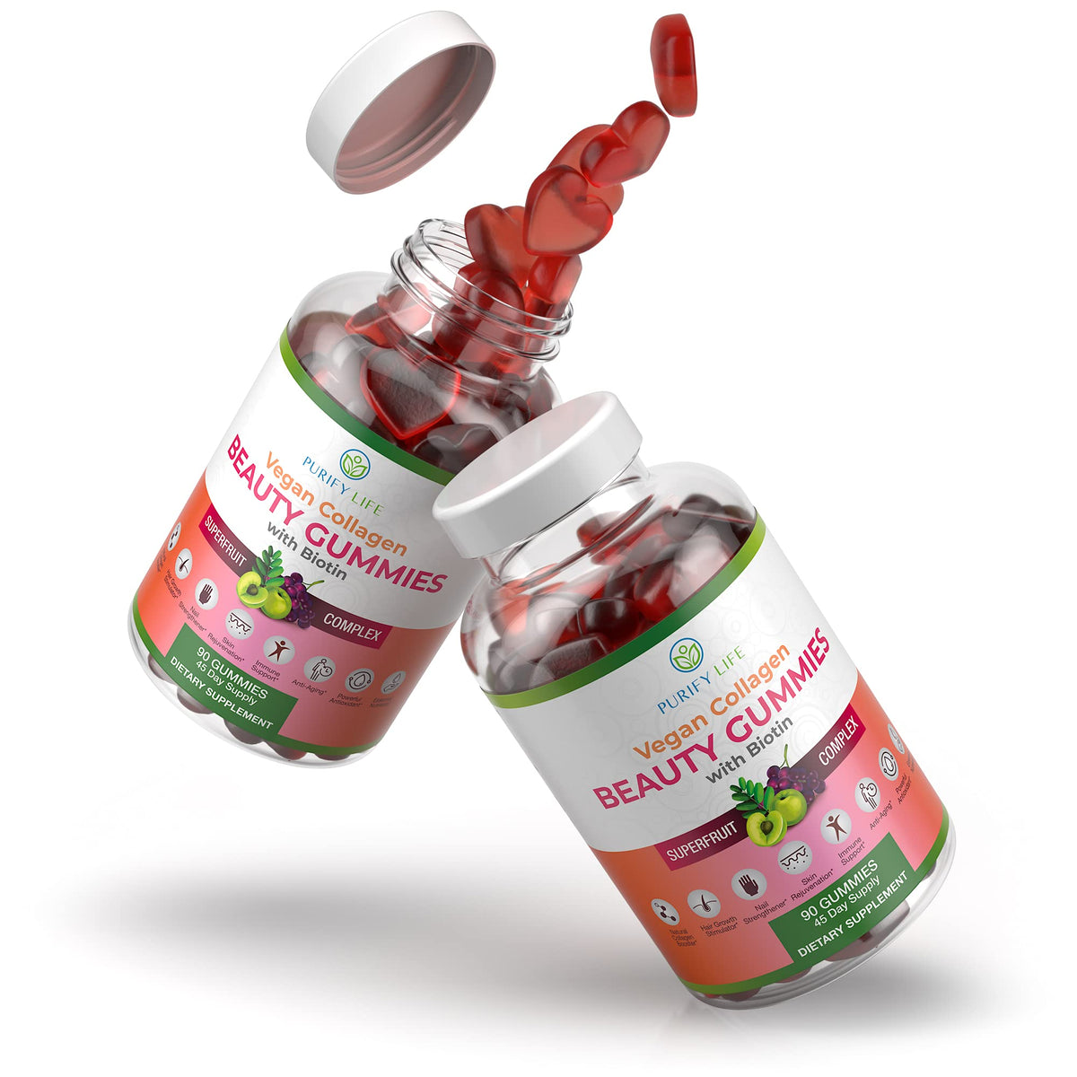 Gummies de collagène végétalien Purify Life à côté d'ingrédients naturels
