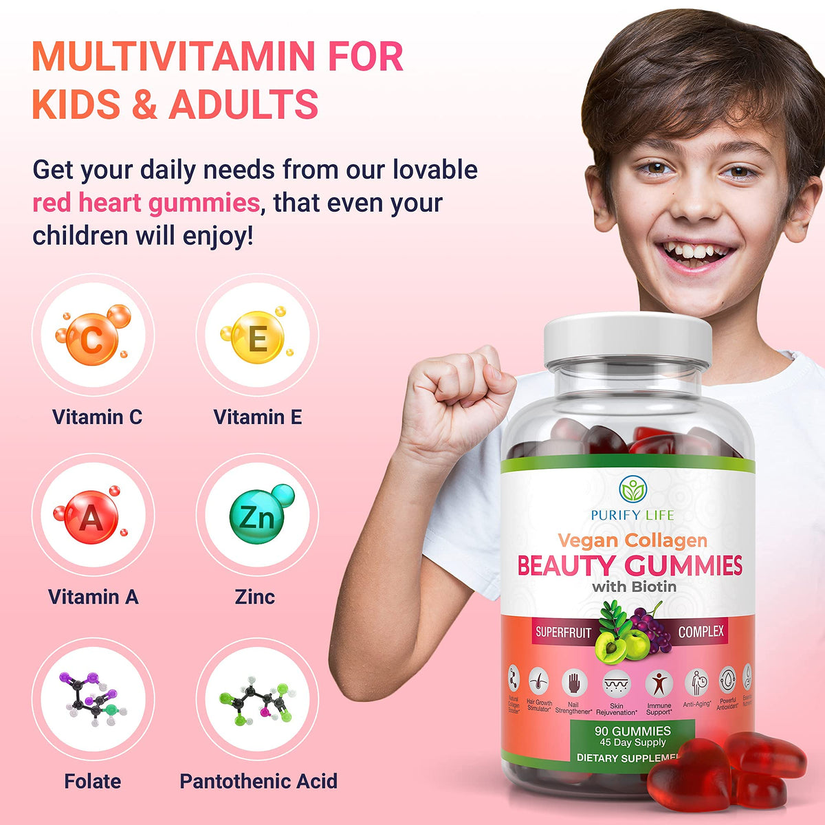 Gummies de collagène végétalien Purify Life avec étiquettes de vitamines