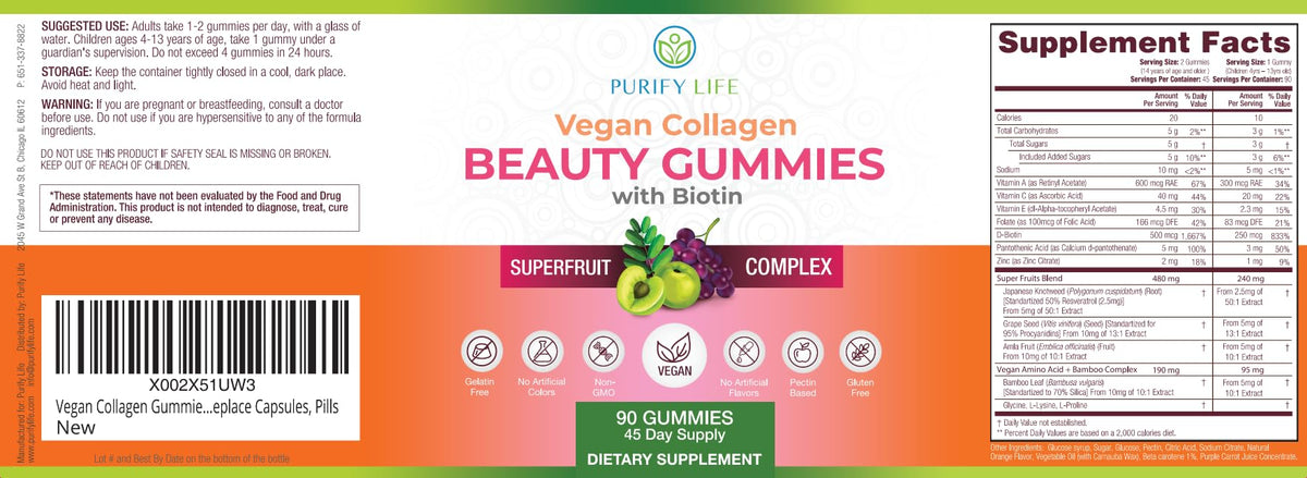 Gummies de collagène végétalien Purify Life avec un verre d'eau