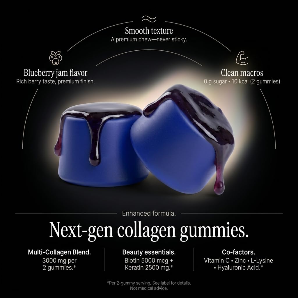Gummies de collagène Wellneum 3000mg avec un zoom sur l'étiquette et les ingrédients