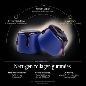 Gummies de collagène Wellneum 3000mg avec un zoom sur l'étiquette et les ingrédients