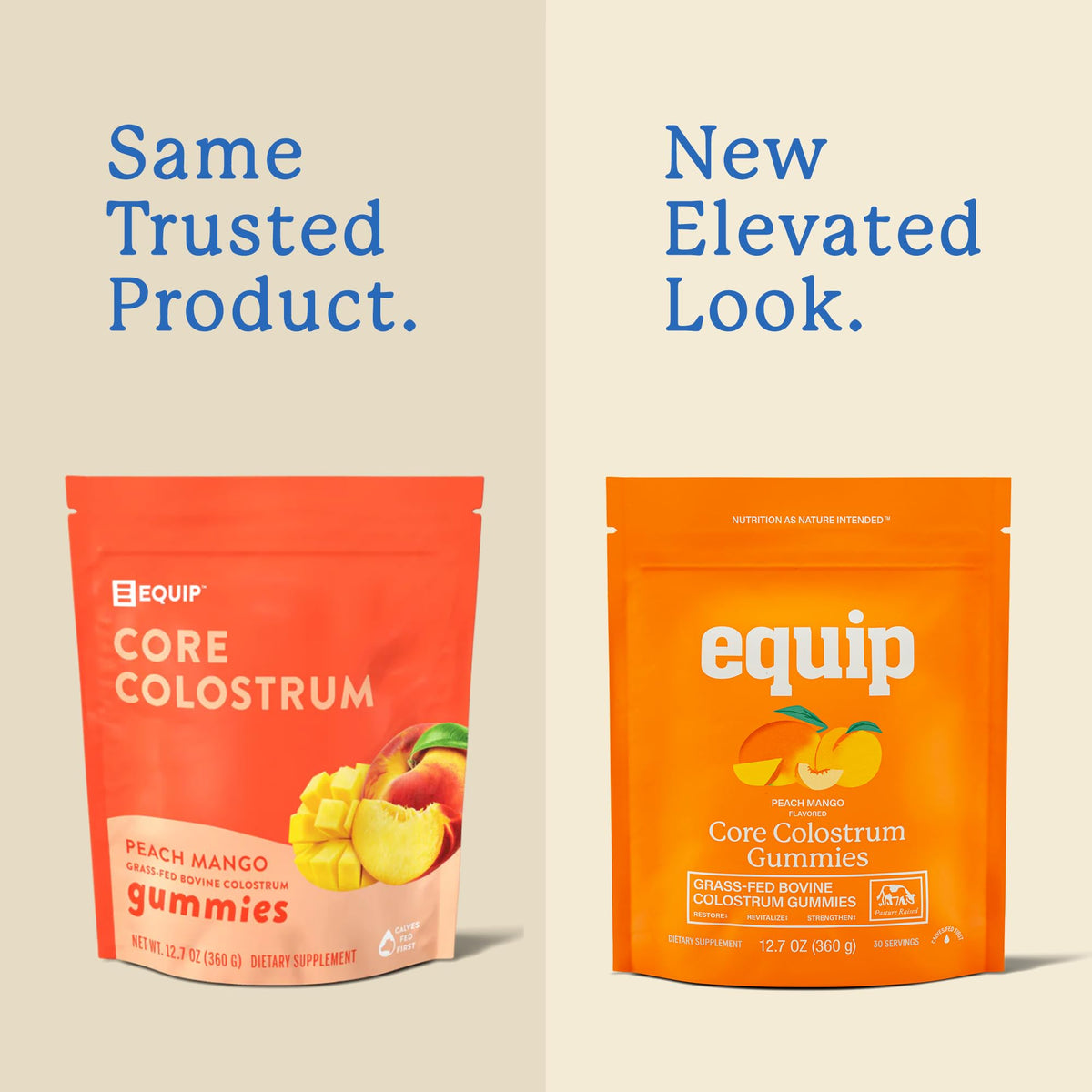 Gummies de colostrum bovin Equip, vue de côté, couleur pêche-mangue