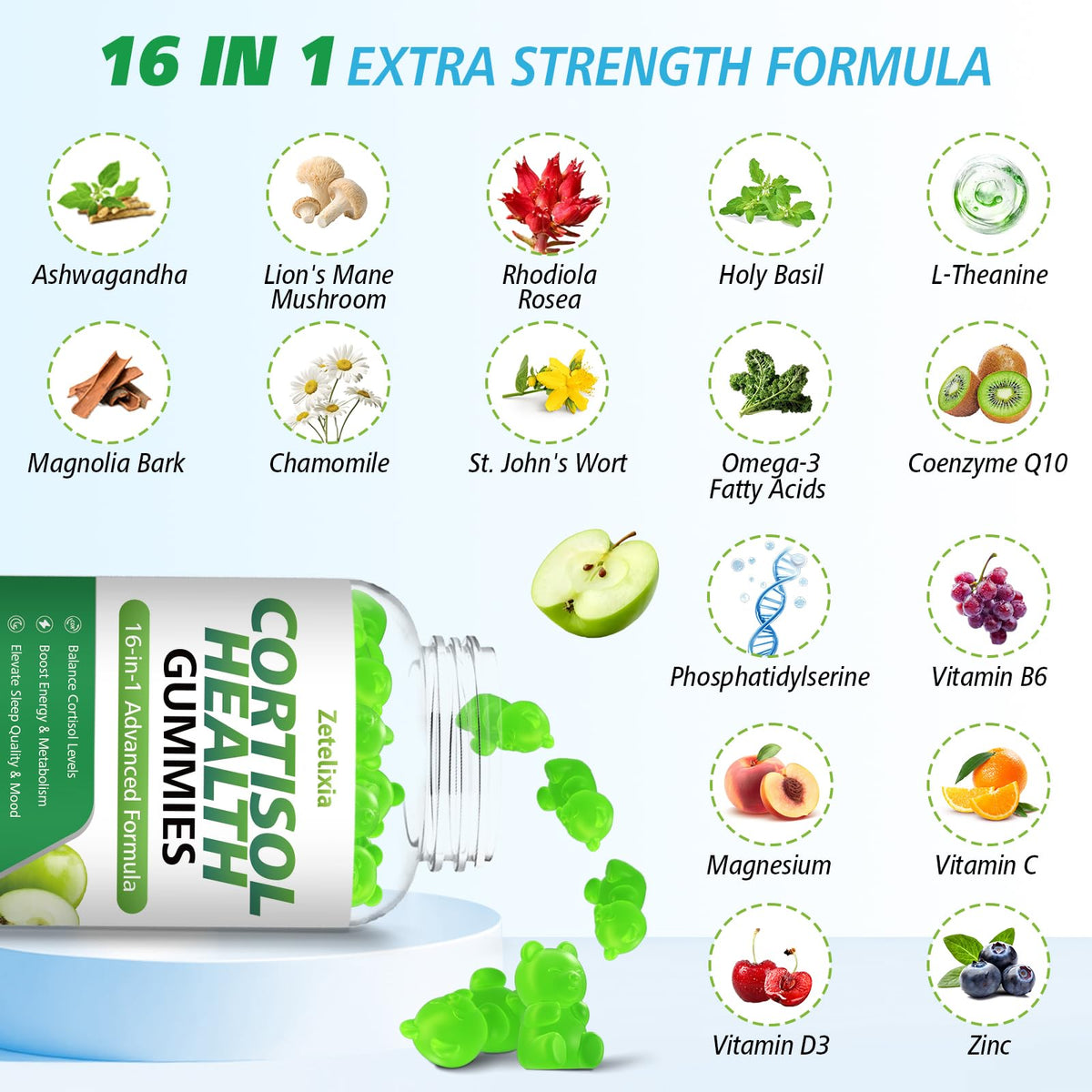 Gummies de cortisol Zetelixia, goût pomme, présentation