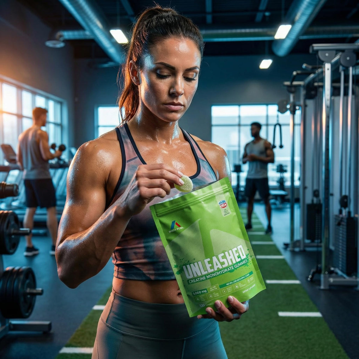 Gummies de créatine A1 Body Fuel avec un verre d'eau à côté