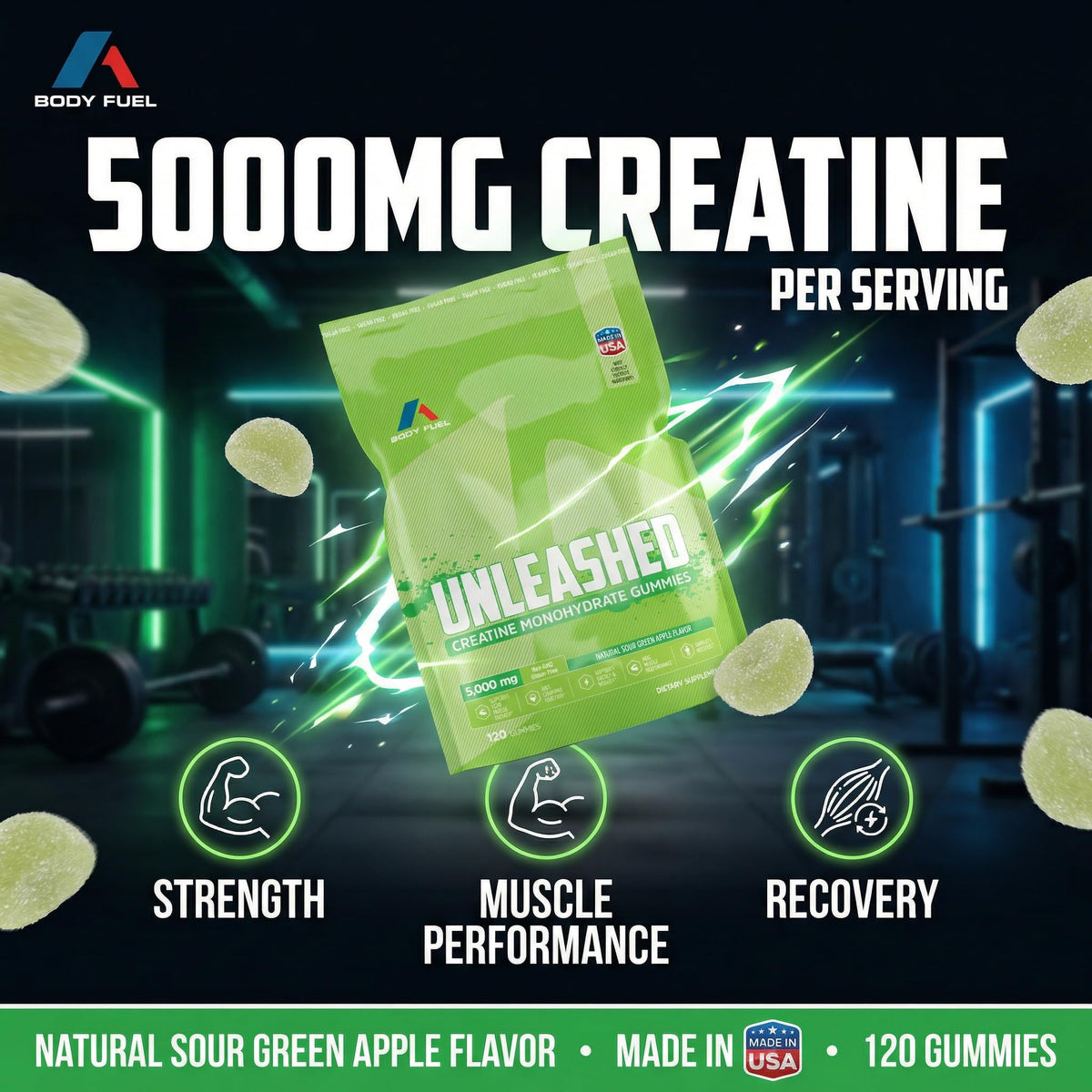 Gummies de créatine A1 Body Fuel pomme verte vue de près