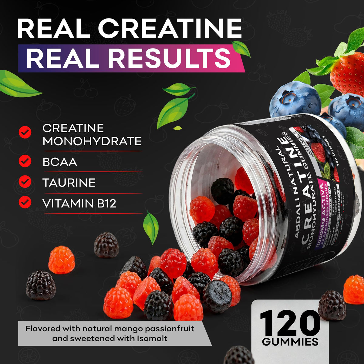 Gummies de créatine ABDALI NATURAL avec une main tenant un gummy