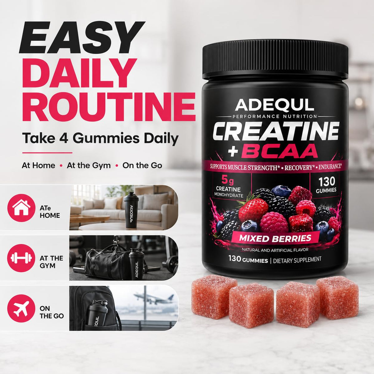 Gummies de créatine ADEQUL sur une table avec d'autres compléments