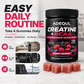Gummies de créatine ADEQUL sur une table avec d'autres compléments