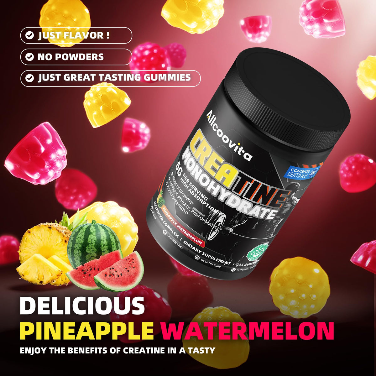 Gummies de créatine Allcoovita à côté d'un verre d'eau