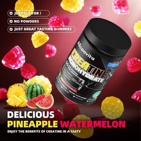 Gummies de créatine Allcoovita à côté d'un verre d'eau