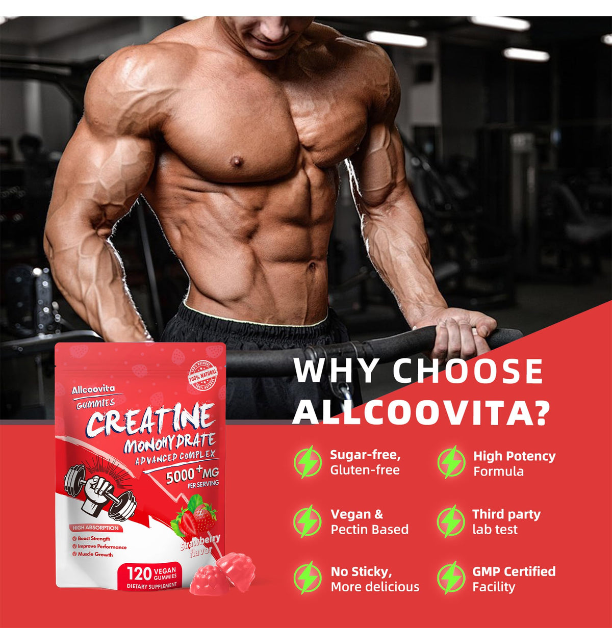 Gummies de créatine Allcoovita avec une main pour la taille