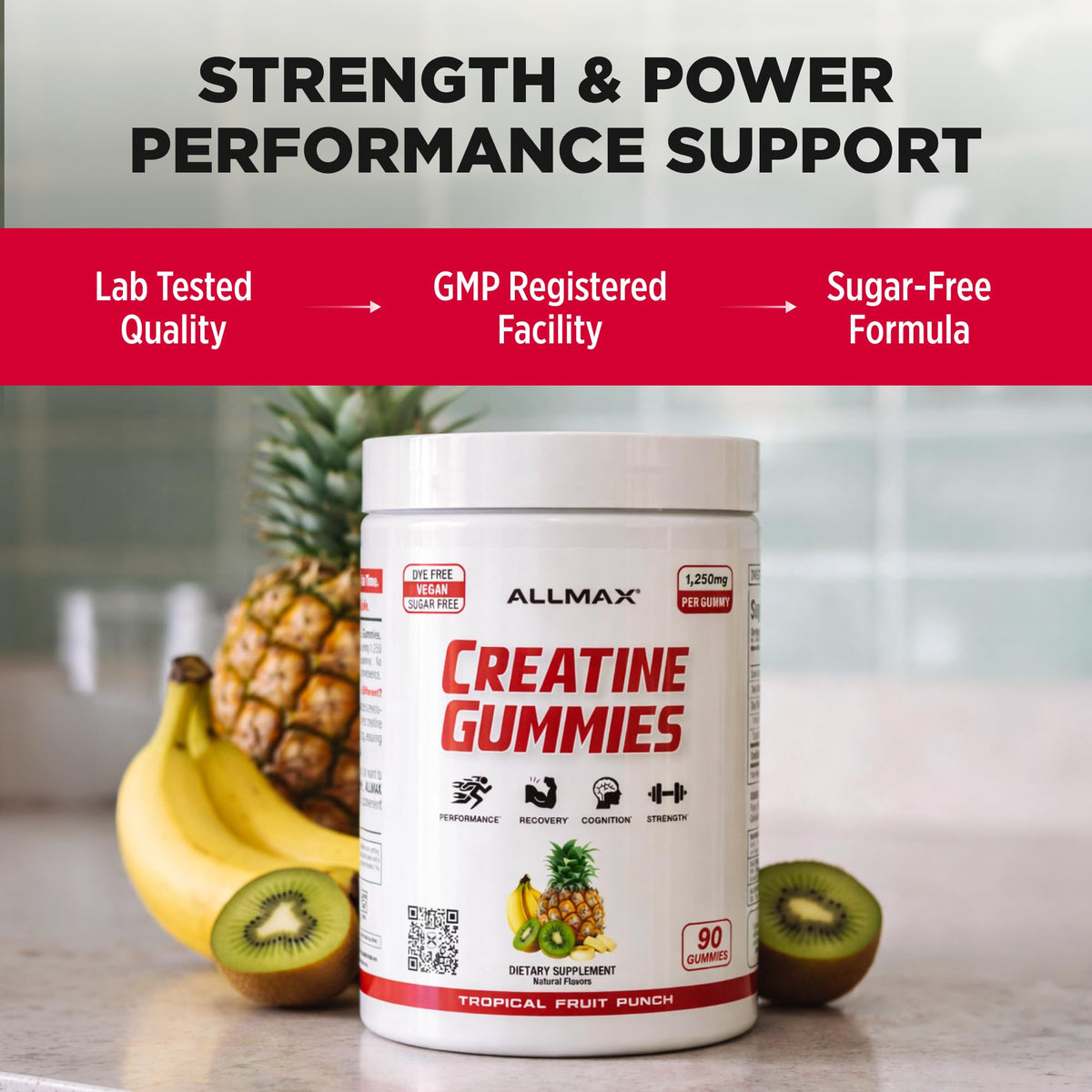 Gummies de créatine ALLMAX, présentation avec fruits tropicaux