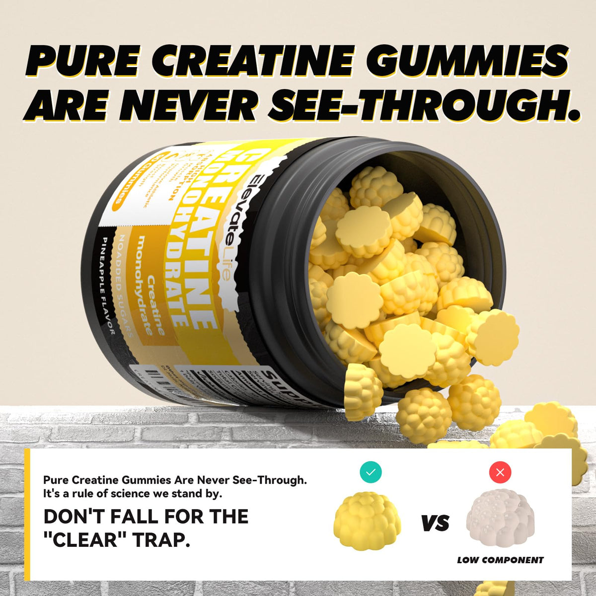 Gummies de créatine ananas support, présentation sur fond blanc