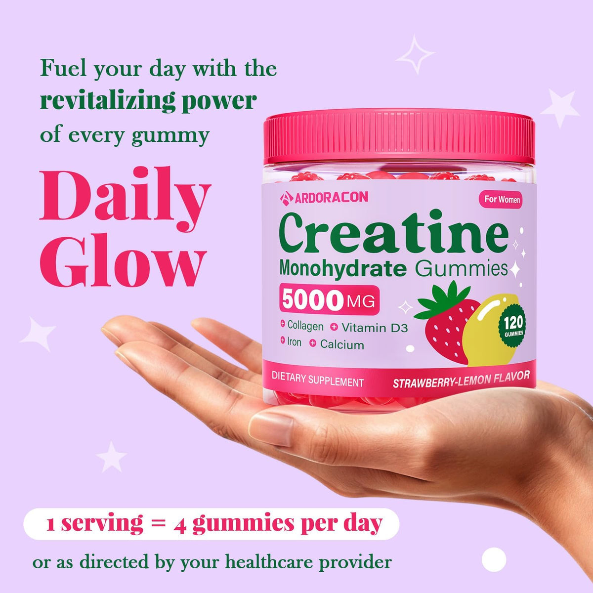 Gummies de créatine ARDORACON avec collagène et vitamines, sur un fond blanc