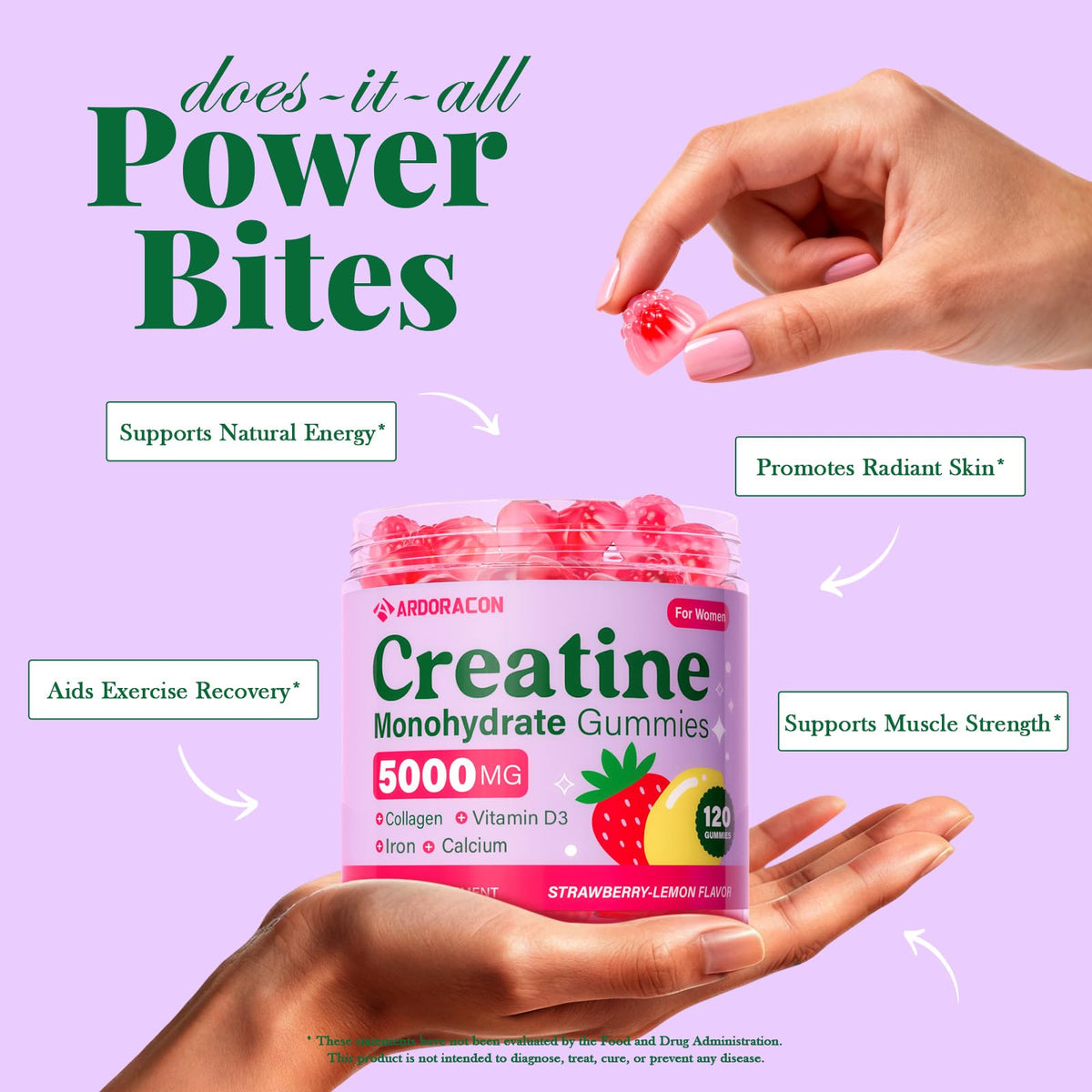 Gummies de créatine ARDORACON dans une main, prise de vue lifestyle
