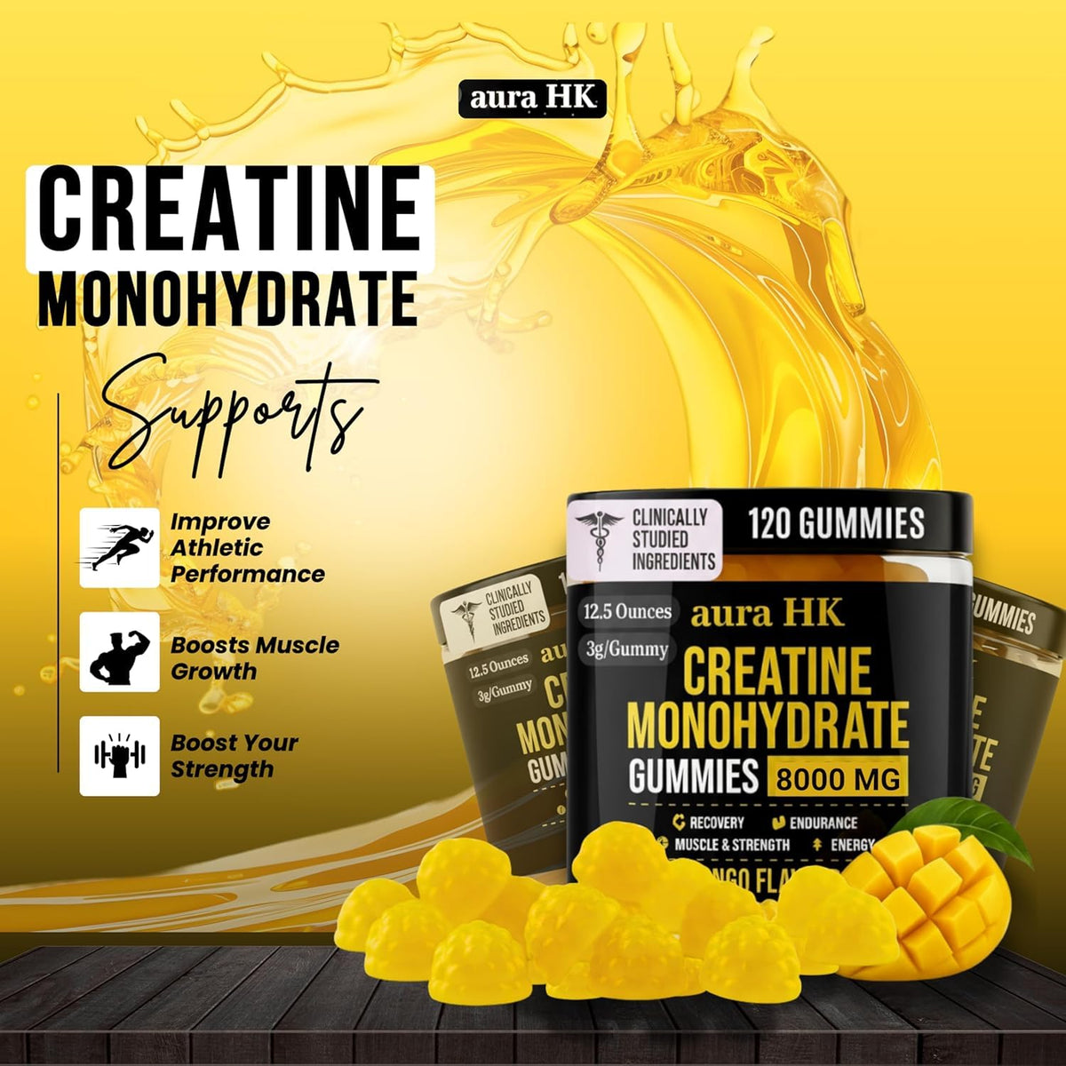 Gummies de créatine aura HK sur une table, avec un verre d'eau