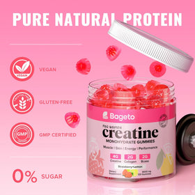 Gummies de créatine Bageto avec un verre d'eau