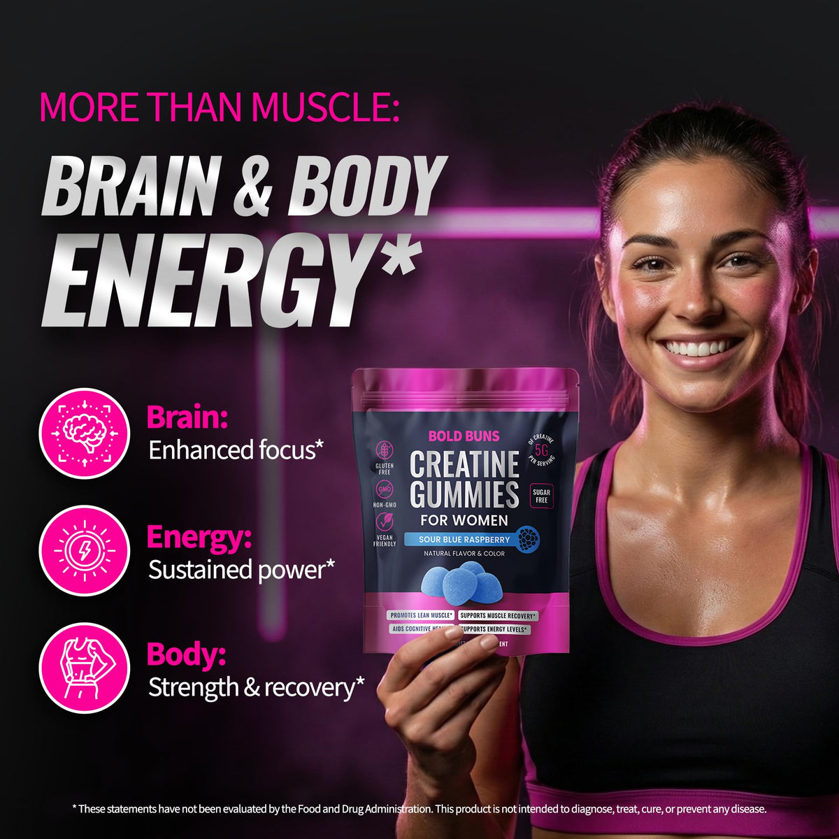 Gummies de créatine Bold Buns avec étiquette nutritionnelle
