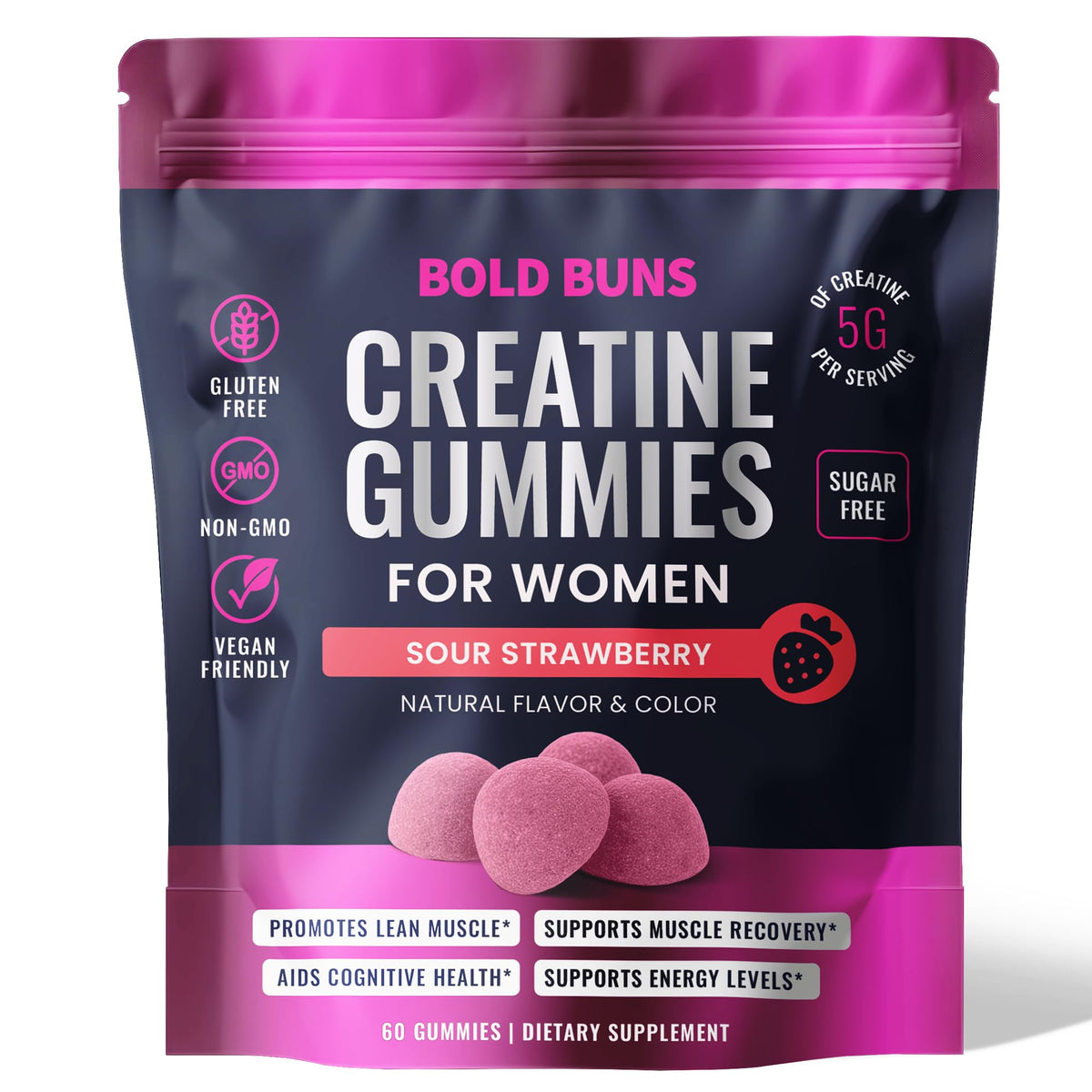 Gummies de créatine Bold Buns en vue de face, saveur fraise acidulée