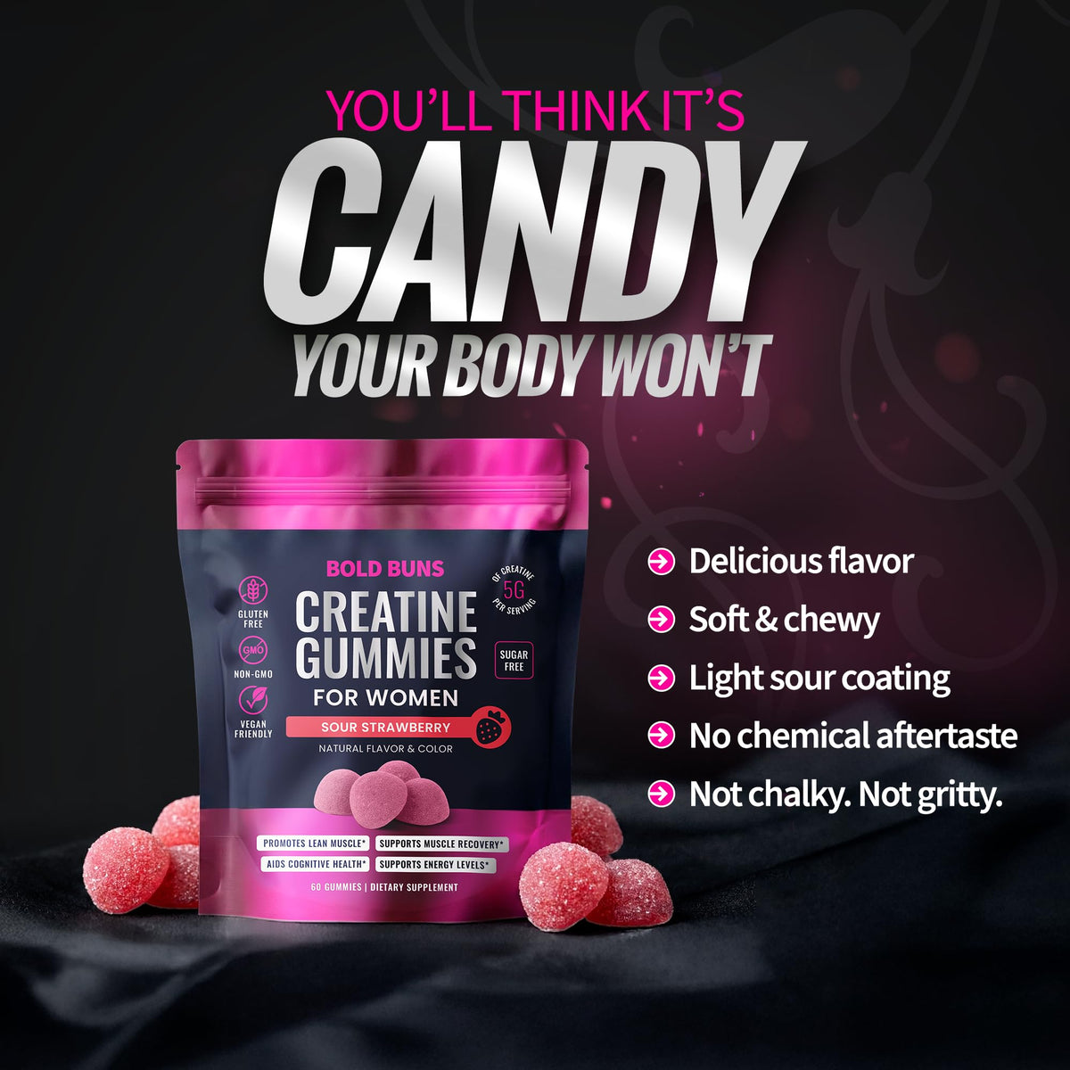 Gummies de créatine Bold Buns, mise en avant de la texture et de la couleur