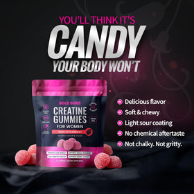 Gummies de créatine Bold Buns, mise en avant de la texture et de la couleur