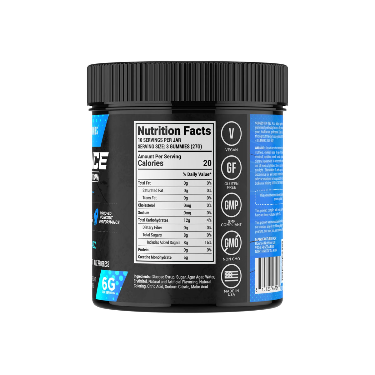 Gummies de créatine Bounce Pro montrant la texture et la couleur bleu