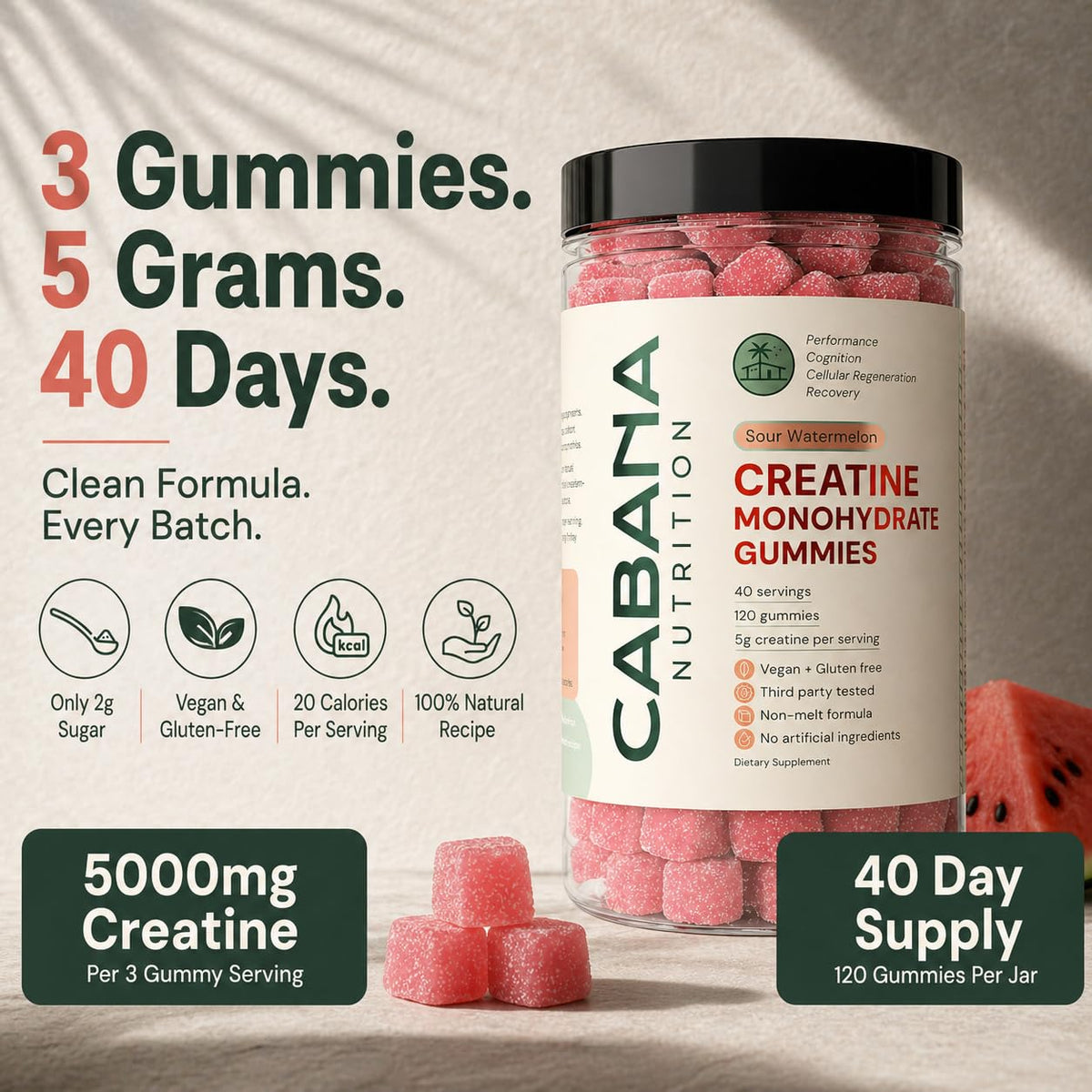 Gummies de créatine Cabana Nutrition, présentation sur fond blanc