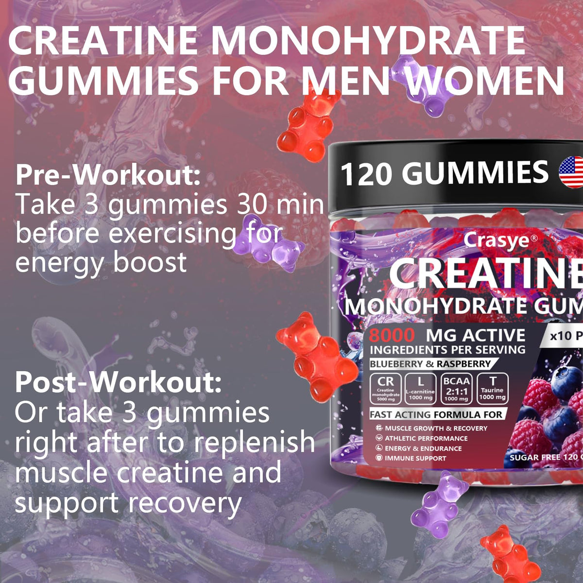 Gummies de créatine Crasye avec les ingrédients listés