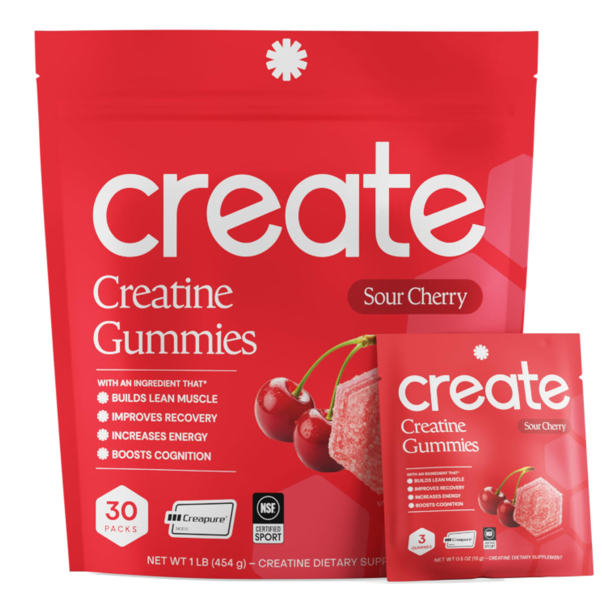 Gummies de créatine Create 30 portions, paquet avant avec cerise acidulée