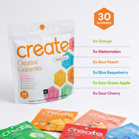 Gummies de créatine Create avec variété de saveurs, sur fond blanc