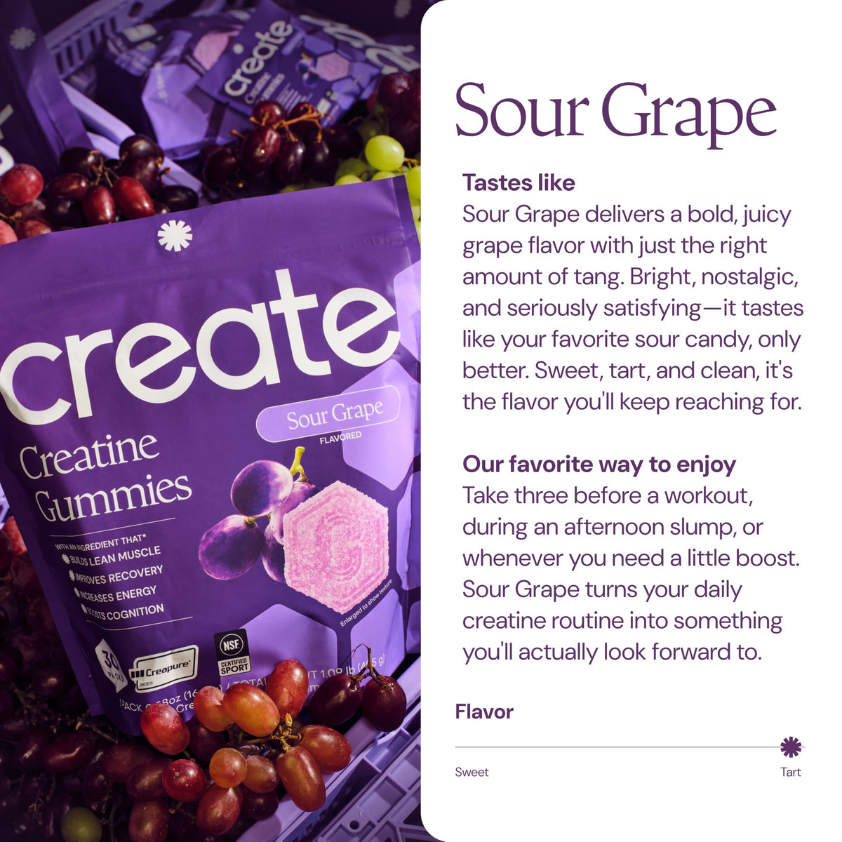 Gummies de créatine Create montrant la texture et la couleur