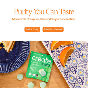 Gummies de créatine Create, présentation avec fruits à côté