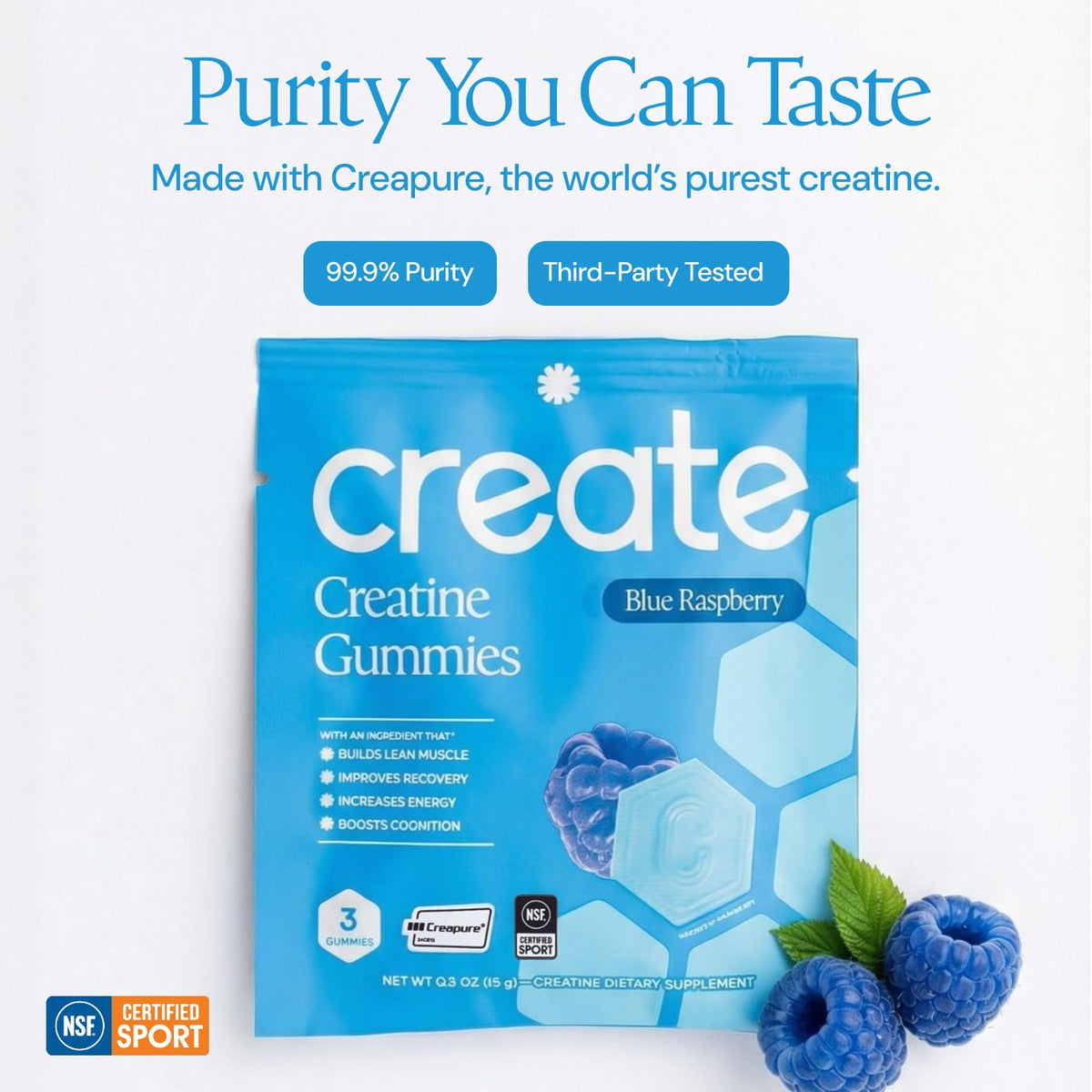 Gummies de créatine Create, présentation dans une main