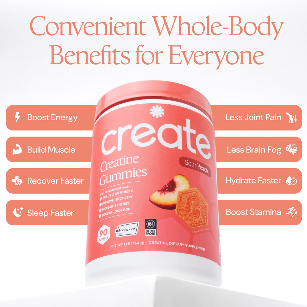 Gummies de créatine Create, présentation sur une table