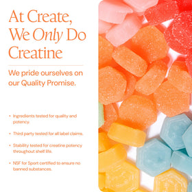 Gummies de créatine Create, sachet ouvert montrant les gummies à l'intérieur