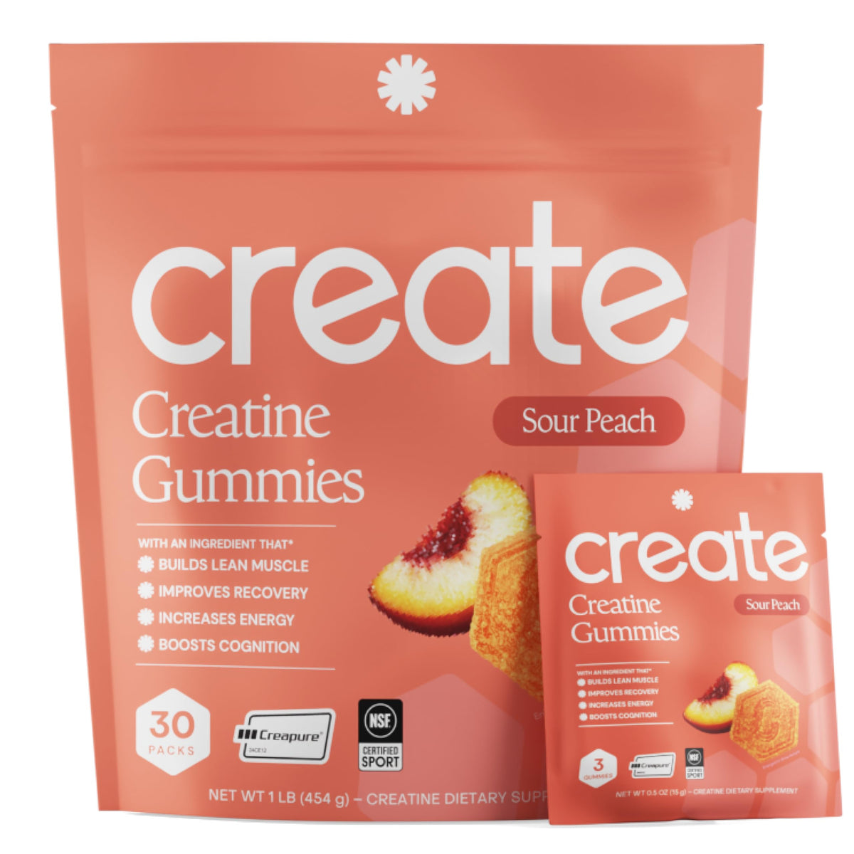 Gummies de créatine Create saveur pêche acide, vue de face