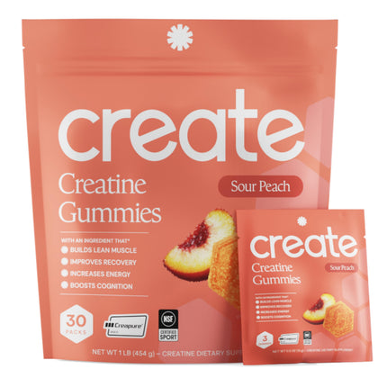 Gummies de créatine Create saveur pêche acide, vue de face