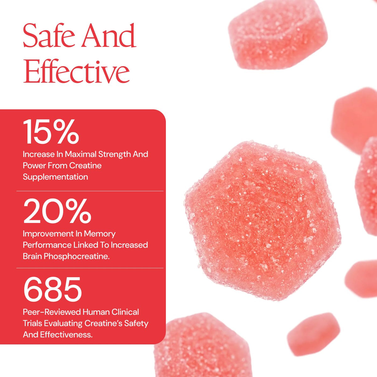 Gummies de créatine Create sur une surface avec des fruits en arrière-plan