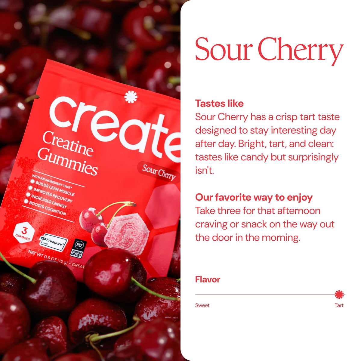 Gummies de créatine Create, vue de côté avec plusieurs gummies en évidence