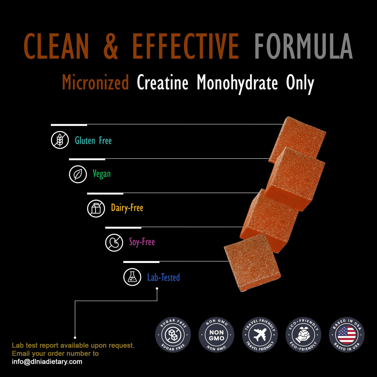 Gummies de créatine DLNIA, affichage des ingrédients sur l'étiquette