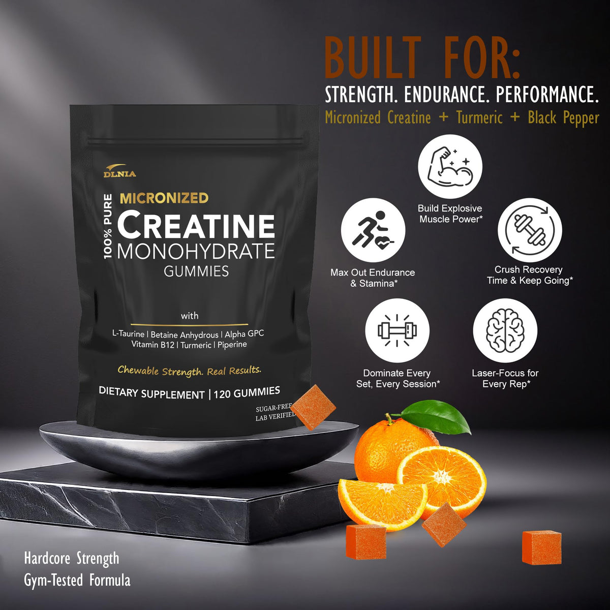 Gummies de créatine DLNIA, prise en main avec une gummy visible