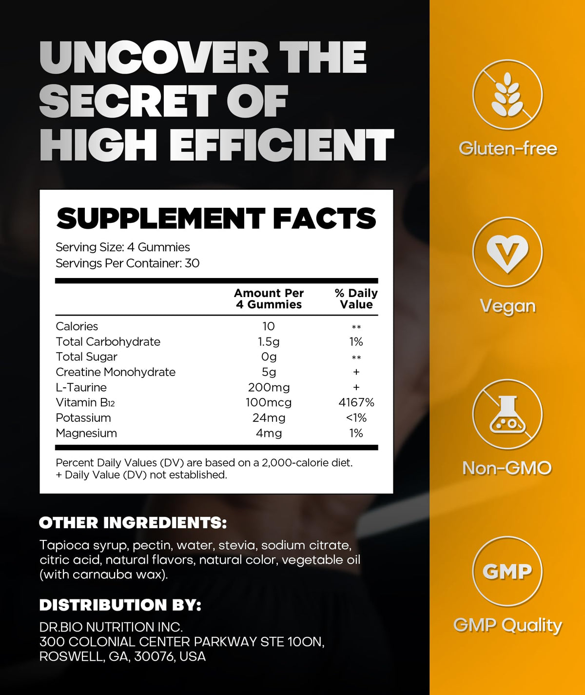 Gummies de créatine DR.BIO avec des ingrédients sur une table